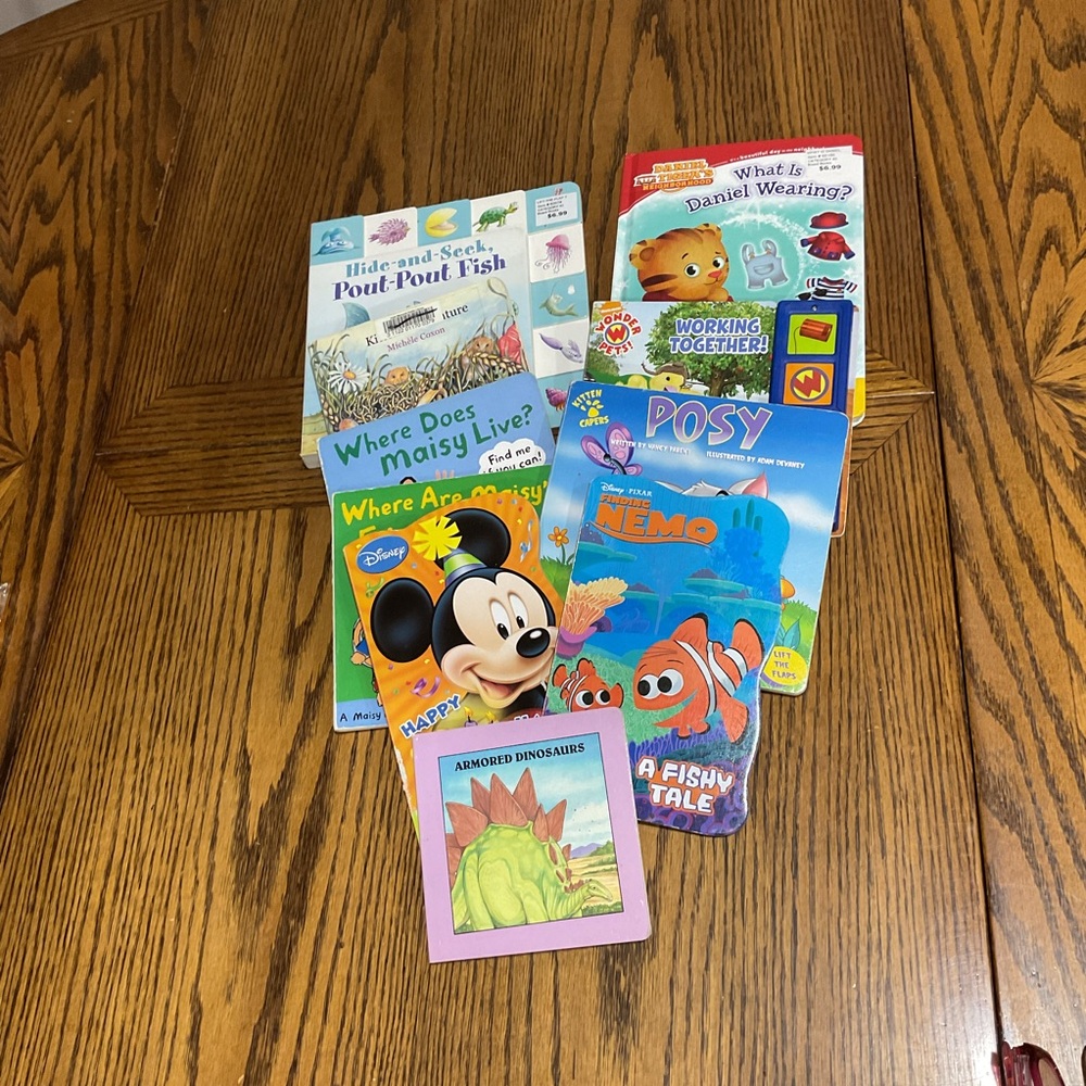 Kids’ board books Mickey, Nemo,posy,Madisyn, Daniel, poutpout fish, kitty, dinos